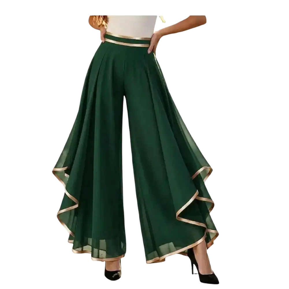 Emerald green wide leg pants chiffon high waist summer trousers with gold trim waistband and layered ruffle hem