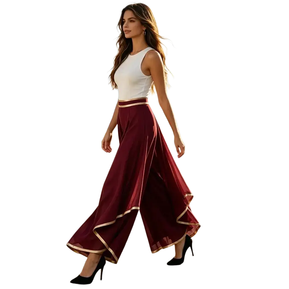 Flowing maroon chiffon wide leg pants with gold trim high waist perfect for summer paired with white sleeveless top