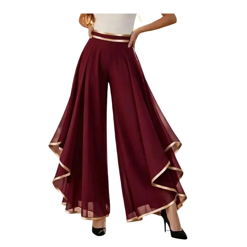 Maroon chiffon wide leg pants with high waist and gold trim on waistband and hem perfect for summer wear