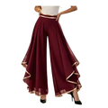 Maroon chiffon wide leg pants with high waist and gold trim on waistband and hem perfect for summer wear
