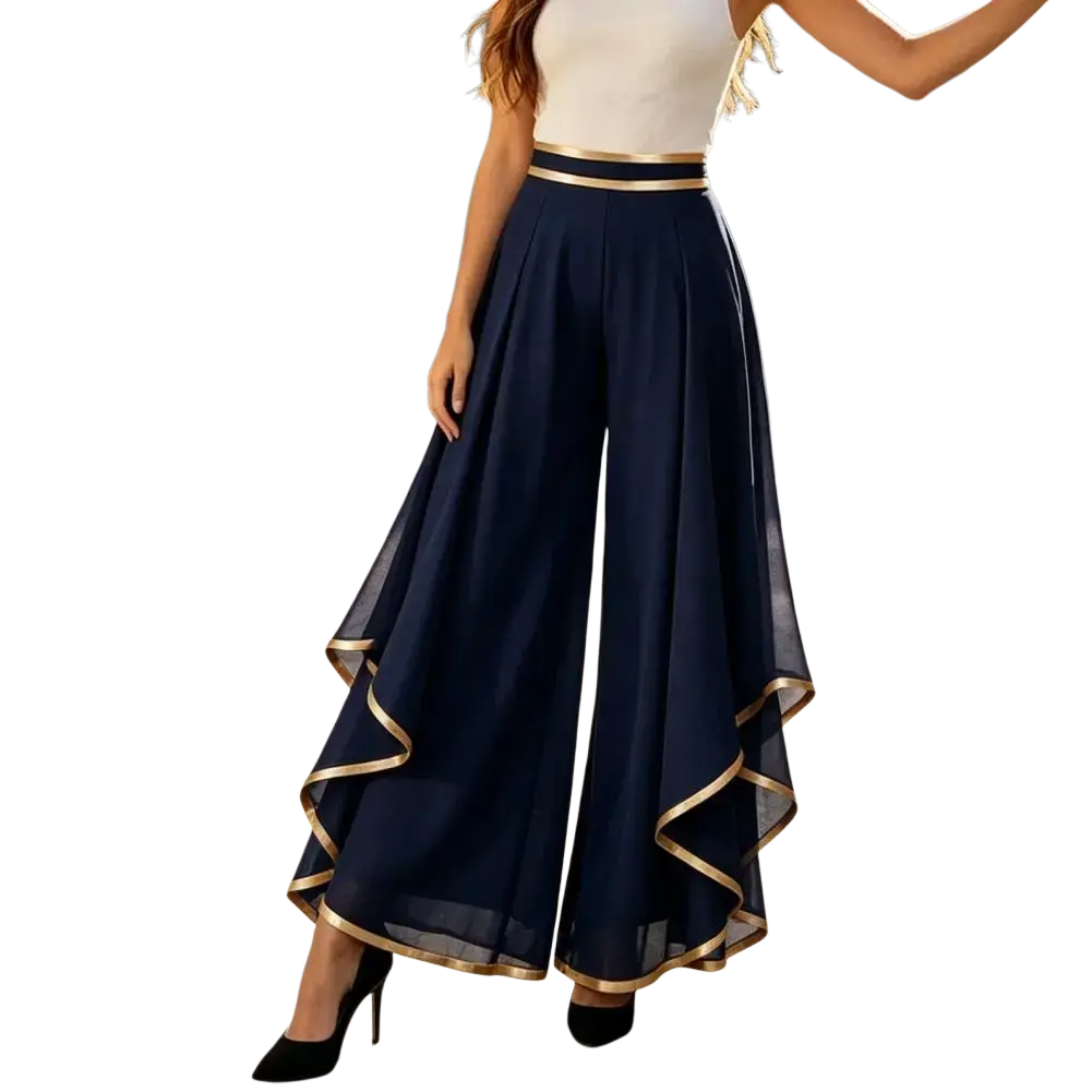 Navy blue chiffon high waist wide leg pants with gold trim on waistband and layered hemline for summer wear