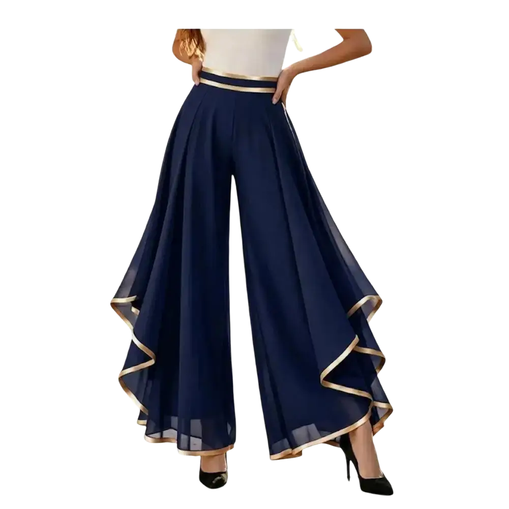 Navy blue chiffon wide leg pants high waist summer trousers with gold trim along waistband and hem