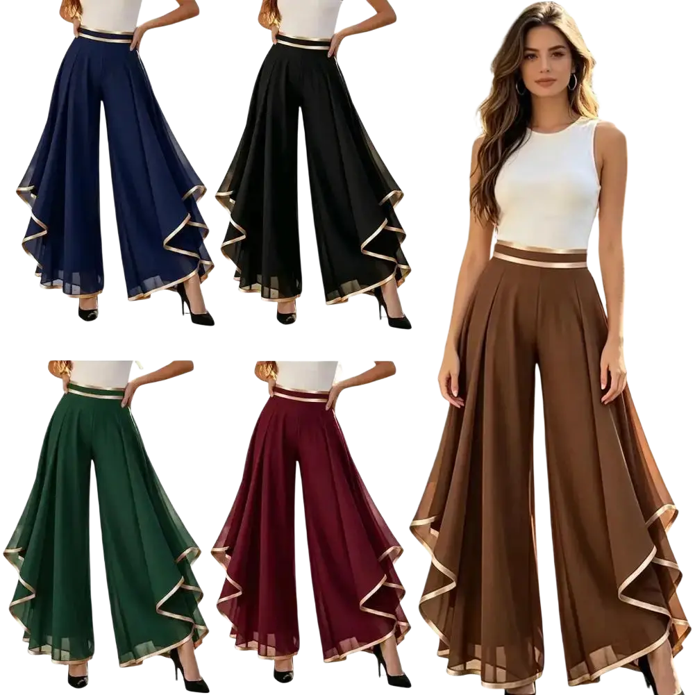 Wide leg chiffon high waist summer trousers in navy black green burgundy and brown with gold trimmed ruffled hems
