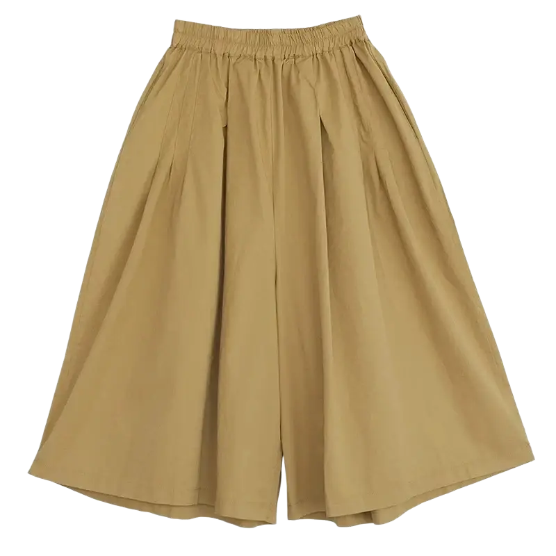 Beige cotton wide leg skirt pants with pleated design and elastic waistband for casual wear