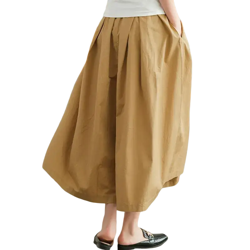 Wide leg cotton skirt pants in khaki with natural wrinkles and side pockets for casual wear