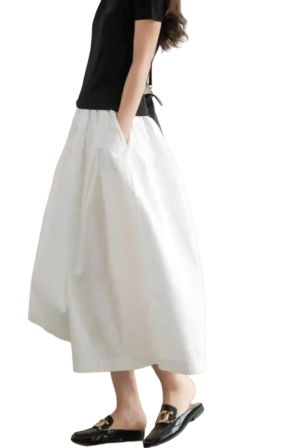 White flowing midi skirt pants with relaxed fit subtle pleats wide leg cotton casual skirt pants