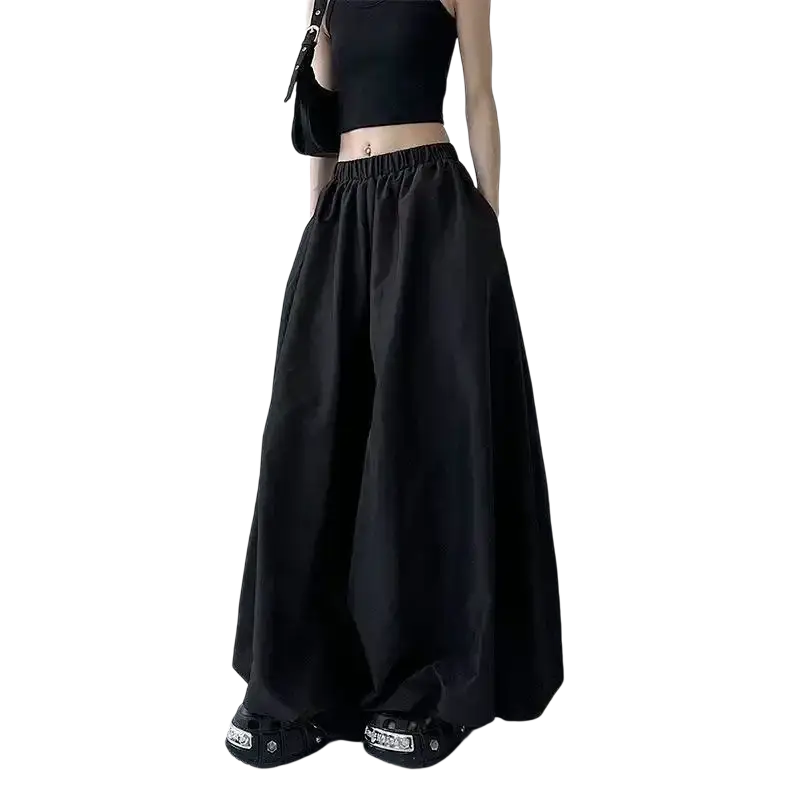 Black wide leg pants with elastic waistband and flowy loose fit perfect for high waist balloon trousers style