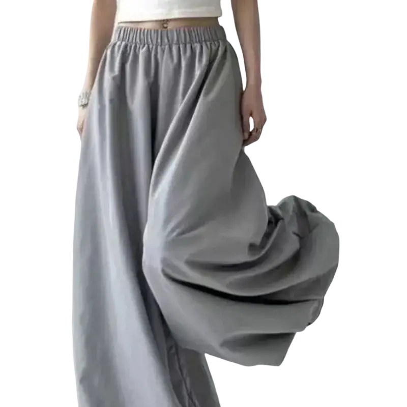 Gray wide leg high waist loose fitting flowy balloon trousers with elastic waistband for comfortable wear
