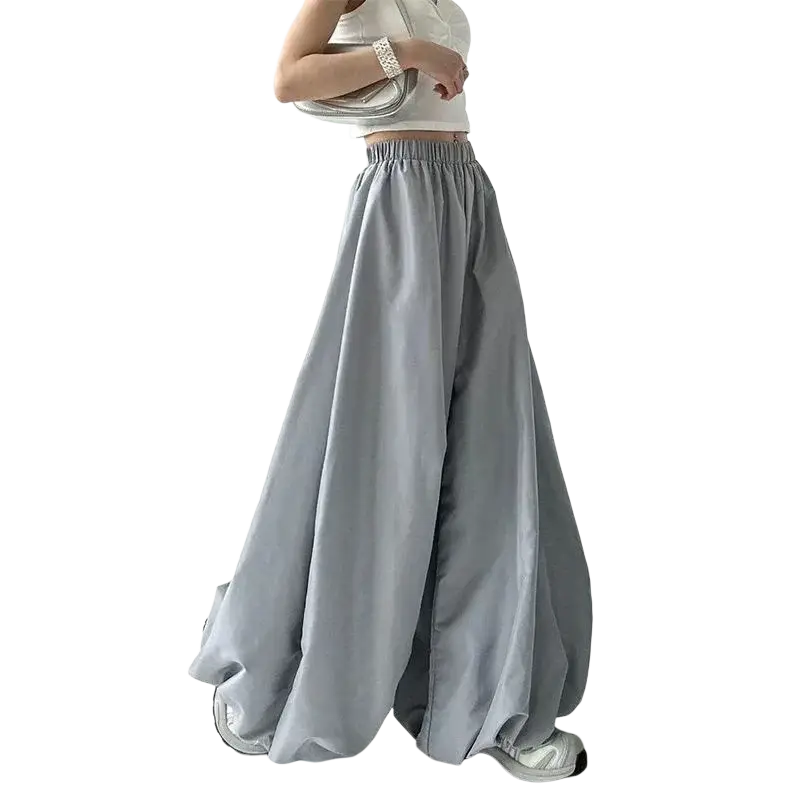Light gray wide leg high waist flowy balloon trousers with elastic waistband and loose fit for comfortable wear