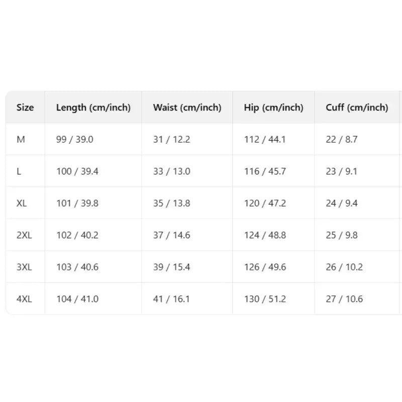 Size chart table displaying measurements in centimeters and inches for wide leg high waist flowy balloon trousers sizes m to 4xl