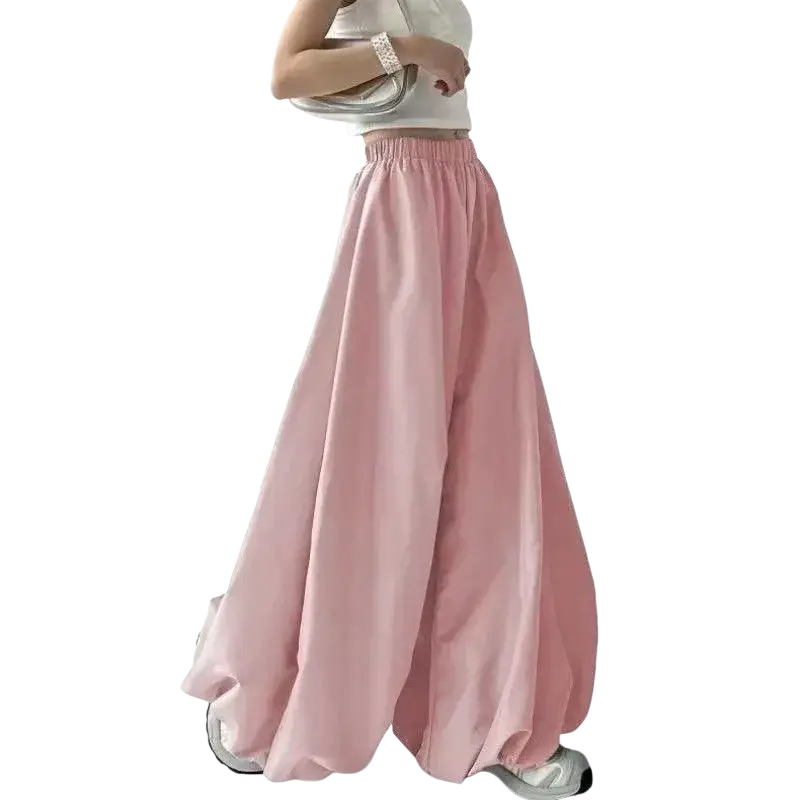 Soft pink wide leg high waist flowy balloon trousers with elastic waistband for comfortable stylish wear