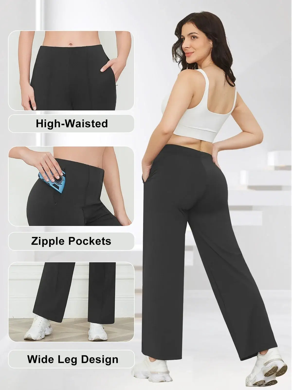 Black high waisted wide leg pants with zippered pockets designed for stylish comfort and practical wear