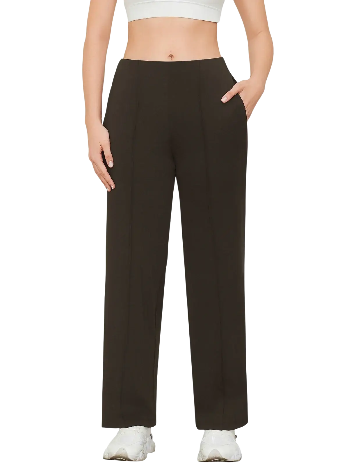 Dark brown high waisted wide leg pants with smooth fabric and side pockets for a stylish comfortable fit