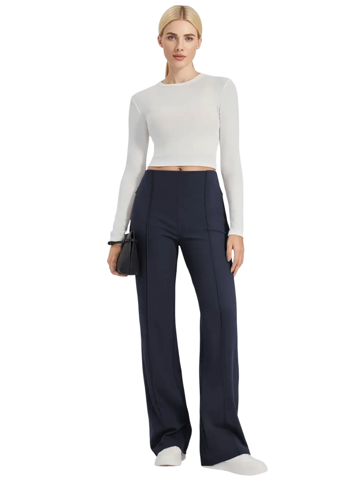 Navy blue high waisted wide leg pants with pockets featuring a sleek tailored design and subtle side seam detailing