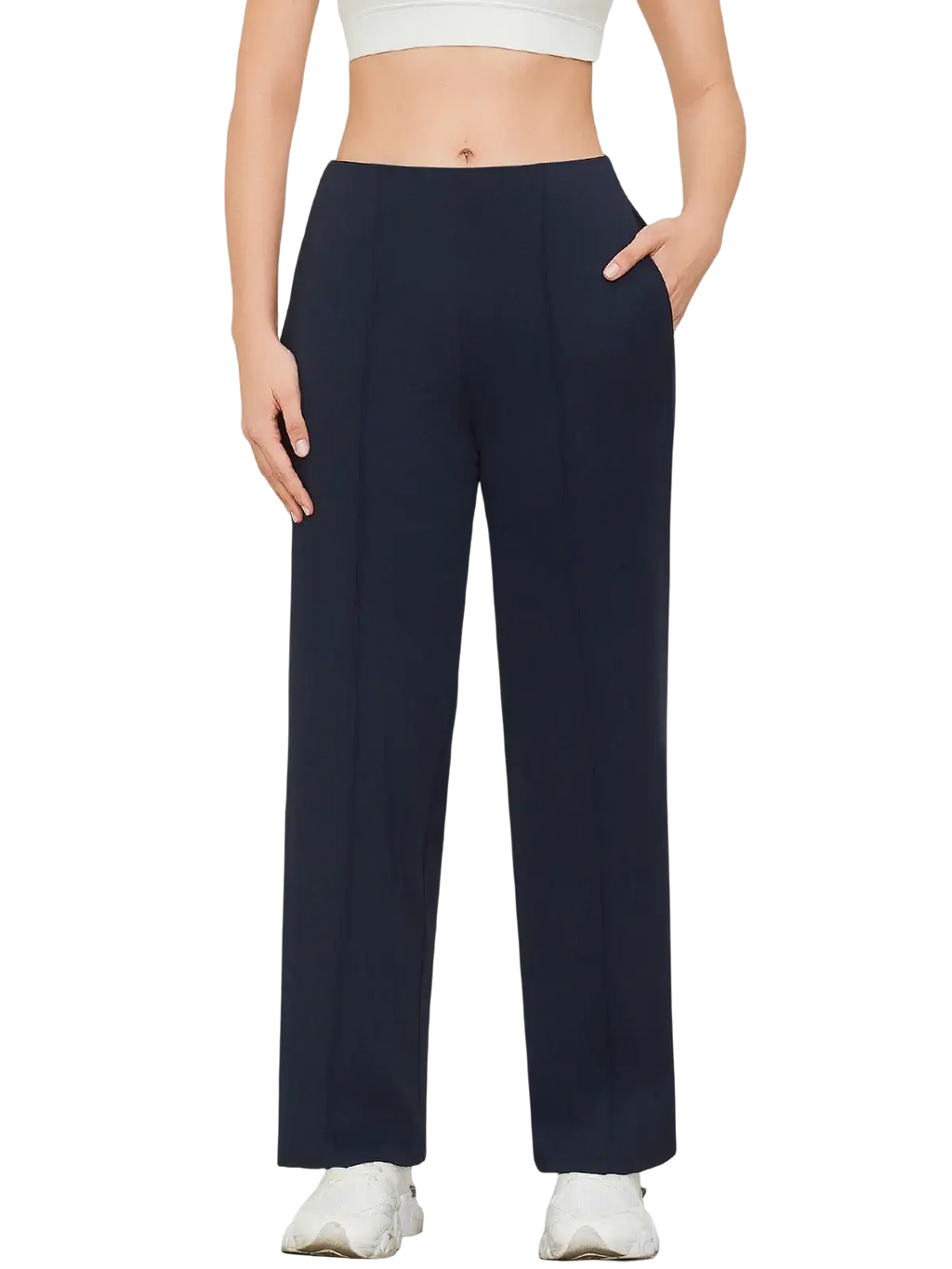 Navy blue wide leg pants high waisted with smooth sleek fabric and subtle side pockets for a polished look