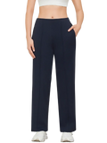 Navy blue wide leg pants high waisted with smooth sleek fabric and subtle side pockets for a polished look