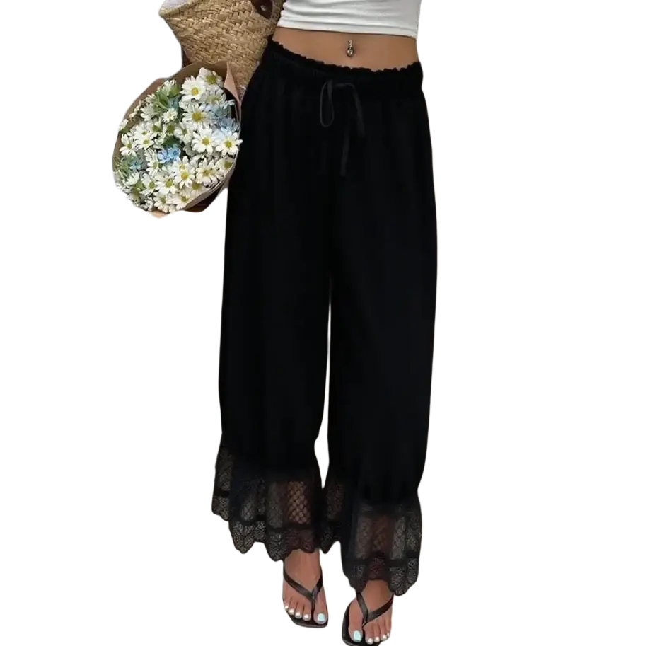 Black wide leg pants with lace trim at the hem and a drawstring waist in casual trousers style