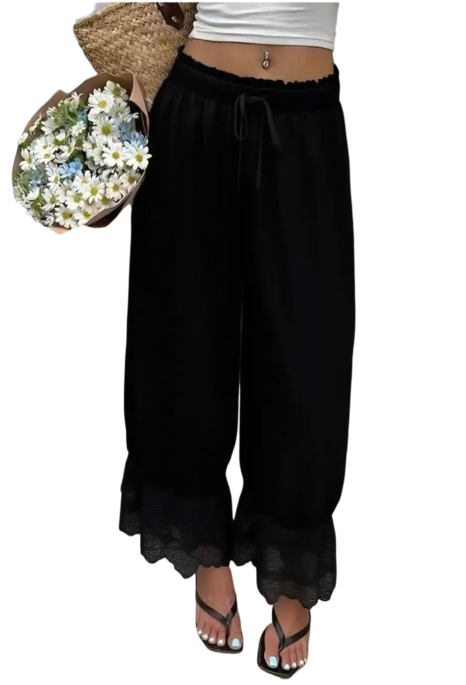 Black wide leg pants with a drawstring waist and delicate lace trim at the hem for casual wear