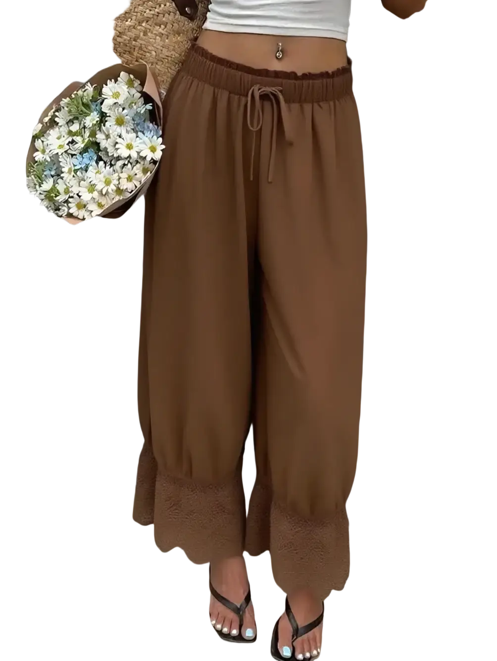 Brown loose-fitting wide leg pants with drawstring waist and ruffled cuffs for casual wear