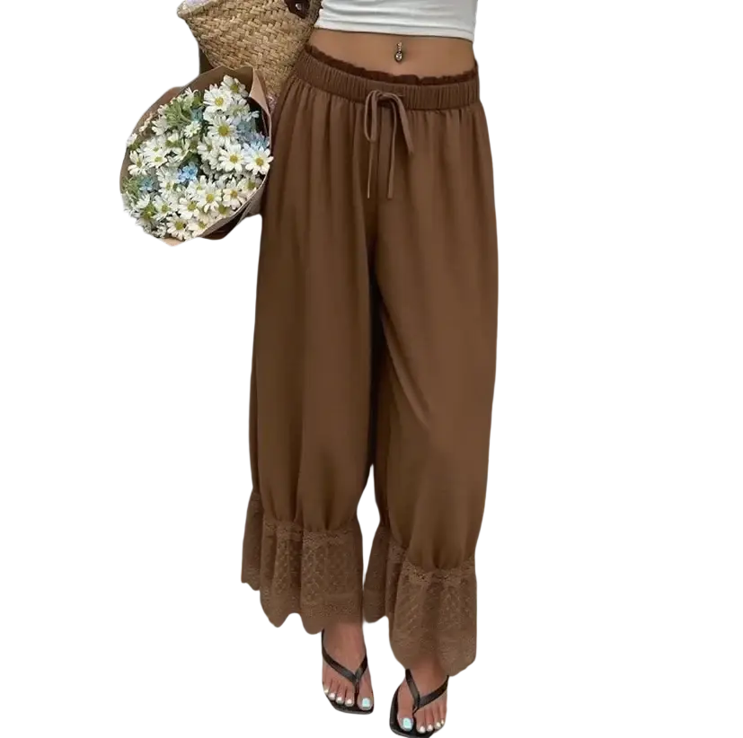 Brown wide leg pants with a drawstring waist and lace-trimmed cuffs casual loose-fitting trousers