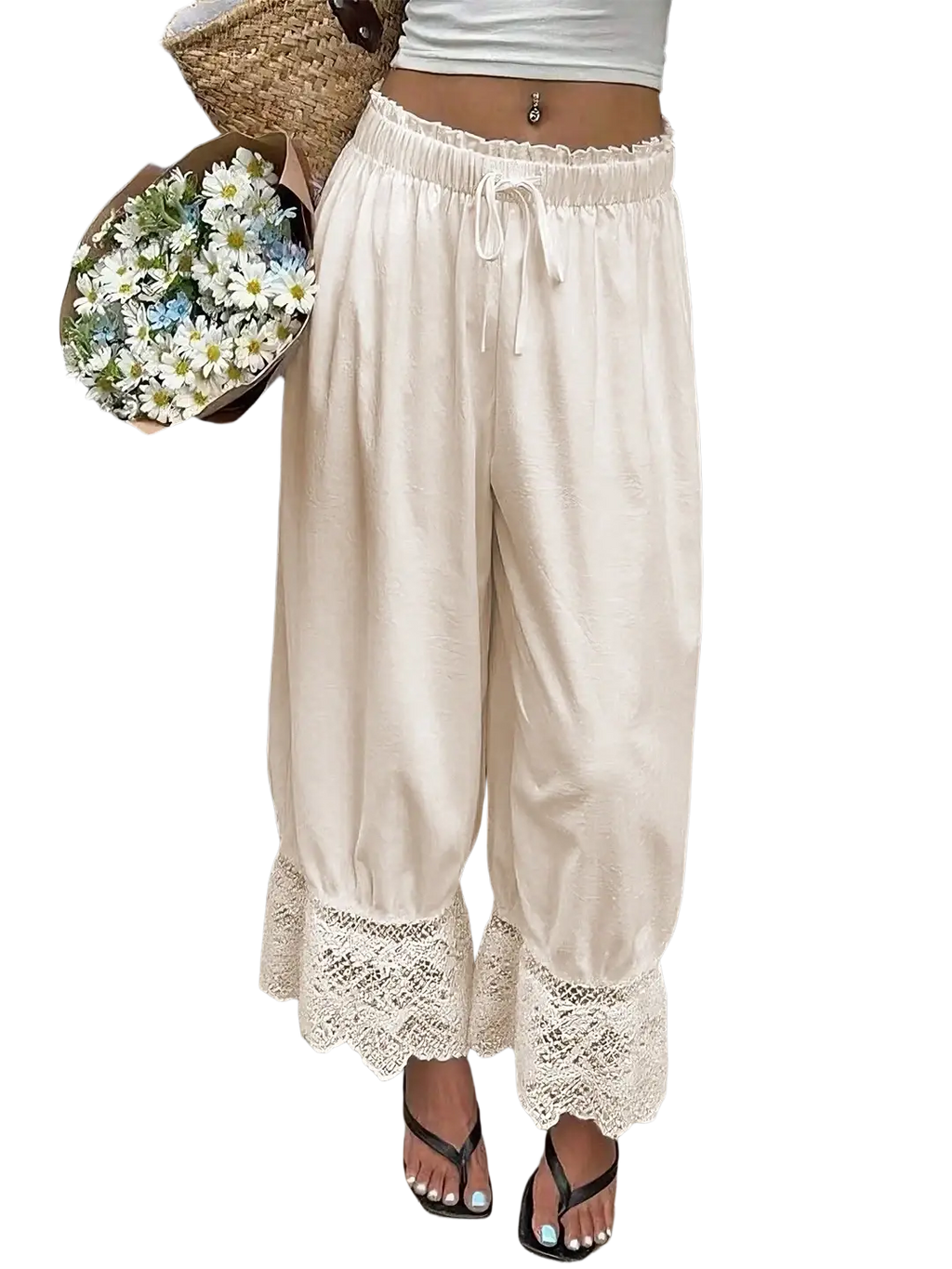 Cream-colored wide leg pants with drawstring waist and delicate lace trim perfect casual trousers