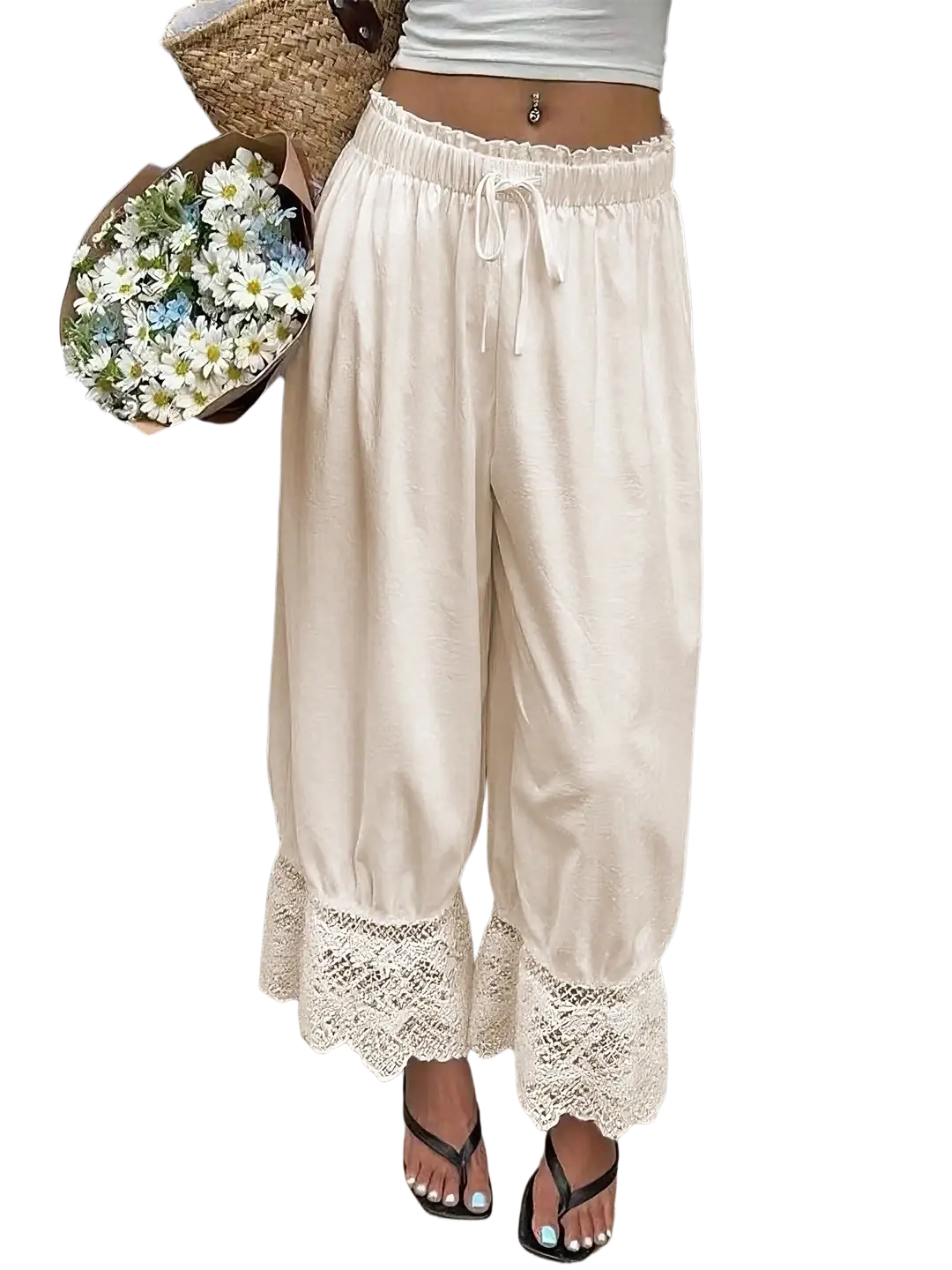 Cream-colored wide leg pants with drawstring waist and delicate lace trim perfect casual trousers