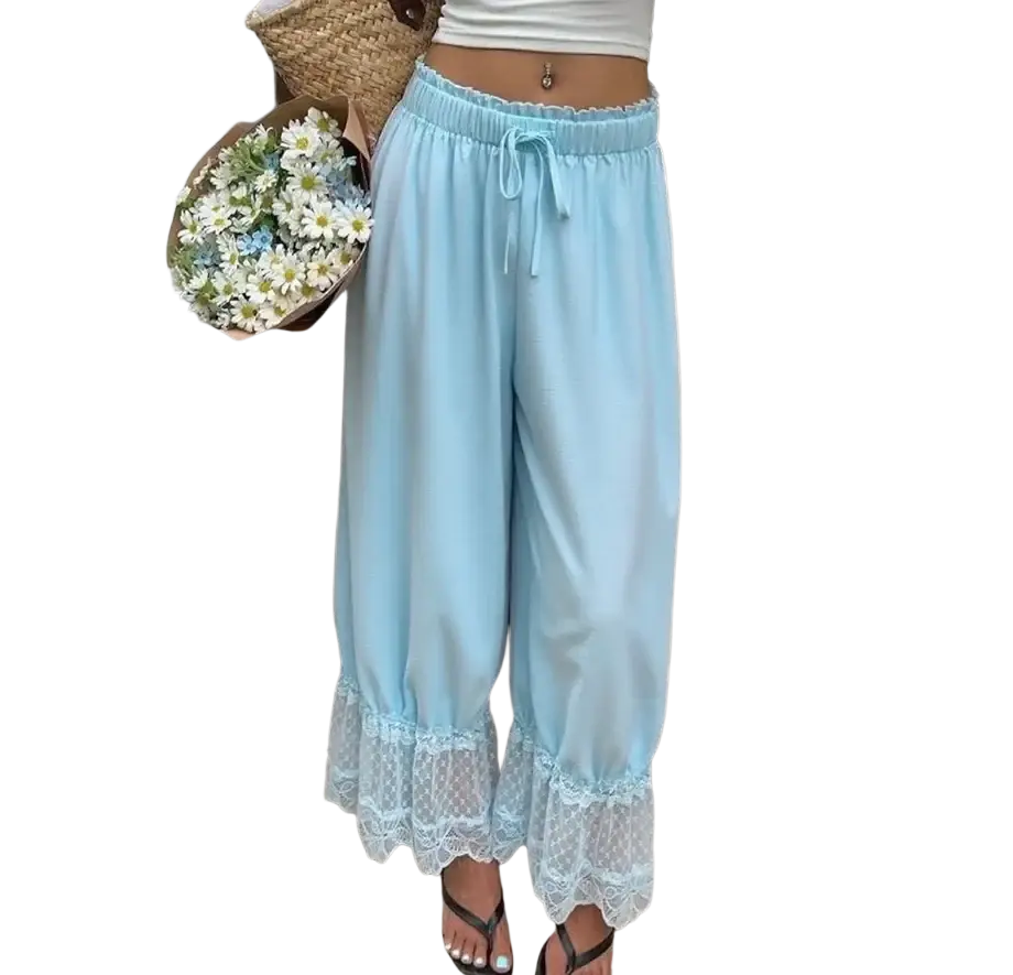 Light blue wide leg pants with a drawstring waist and delicate lace trim at the hem for casual wear