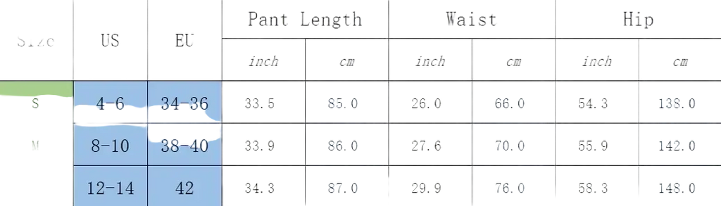 Size chart showing measurements in inches and centimeters for wide leg pants lace trim casual trousers in s m l sizes