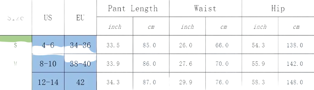 Size chart showing measurements in inches and centimeters for wide leg pants lace trim casual trousers in s m l sizes