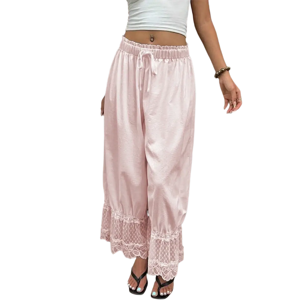 Soft pink satin wide leg pants with delicate lace trim at the hem and a drawstring waist for casual wear