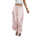 Soft pink satin wide leg pants with delicate lace trim at the hem and a drawstring waist for casual wear