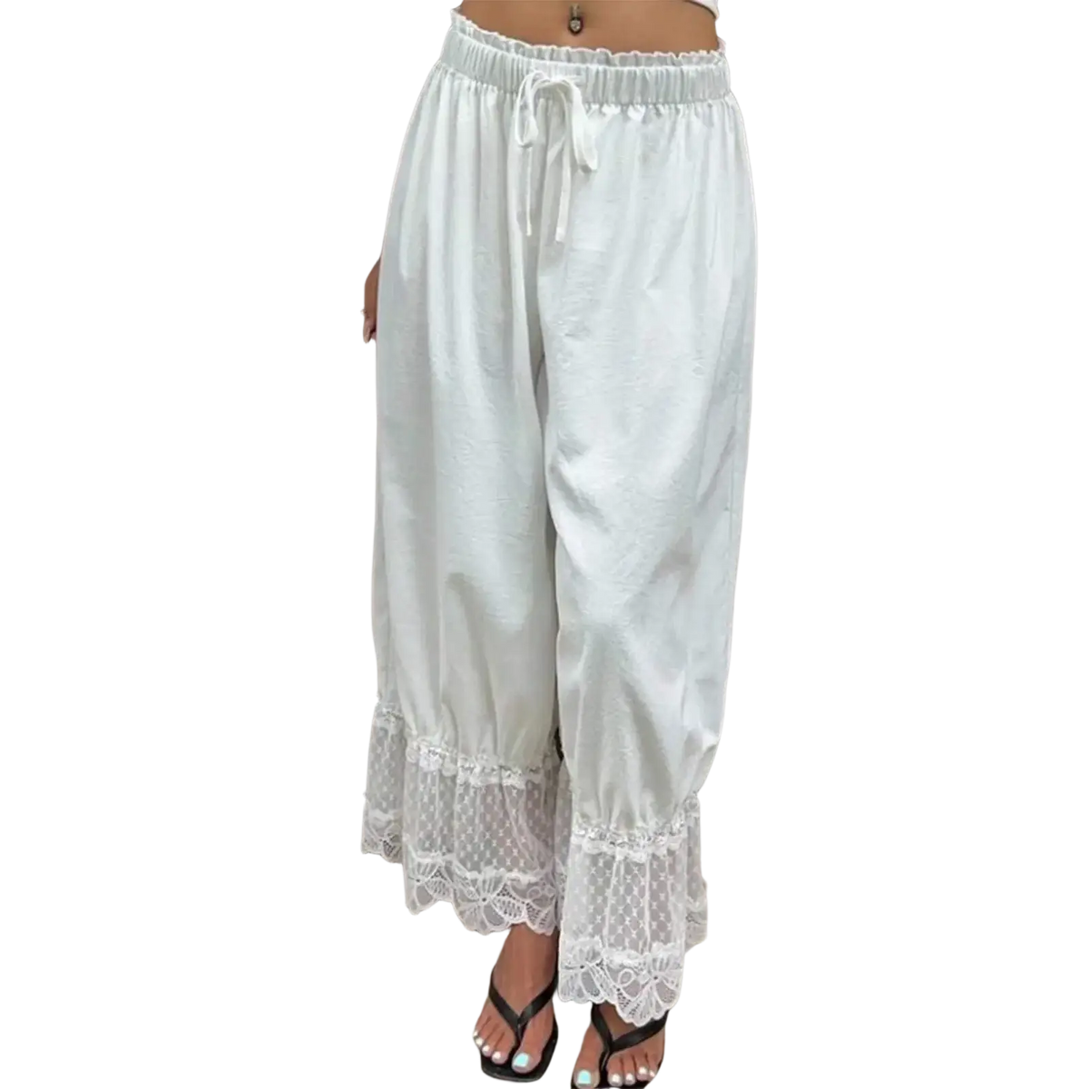 White lace-trimmed wide leg pants with elastic waist and drawstring for casual wear