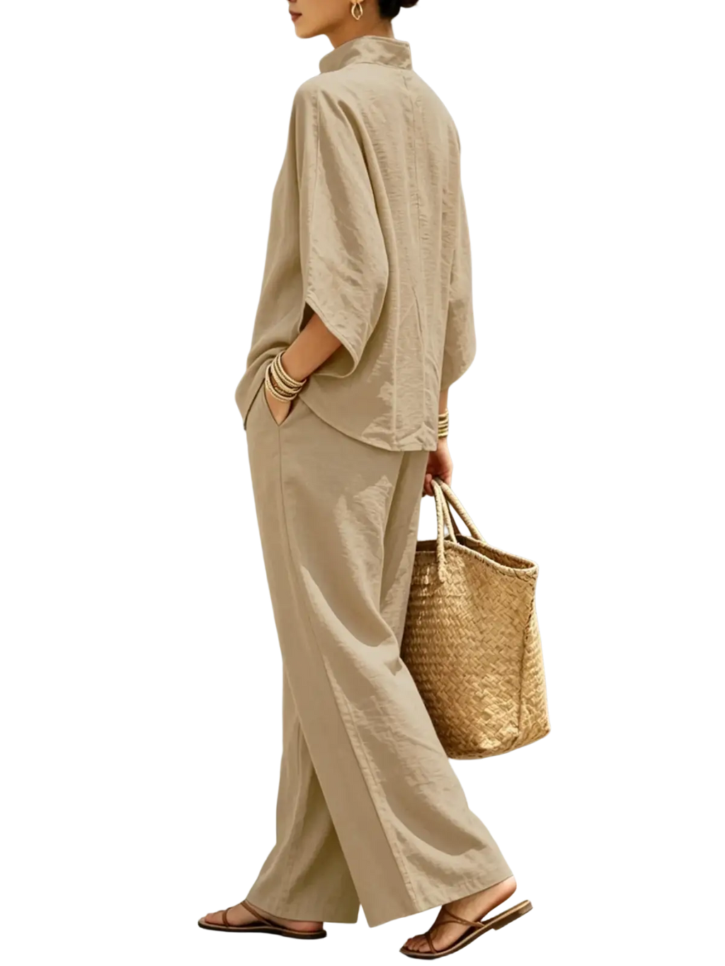 Beige linen two-piece set for women featuring wide leg pants and a loose-fitting top as a versatile outfit