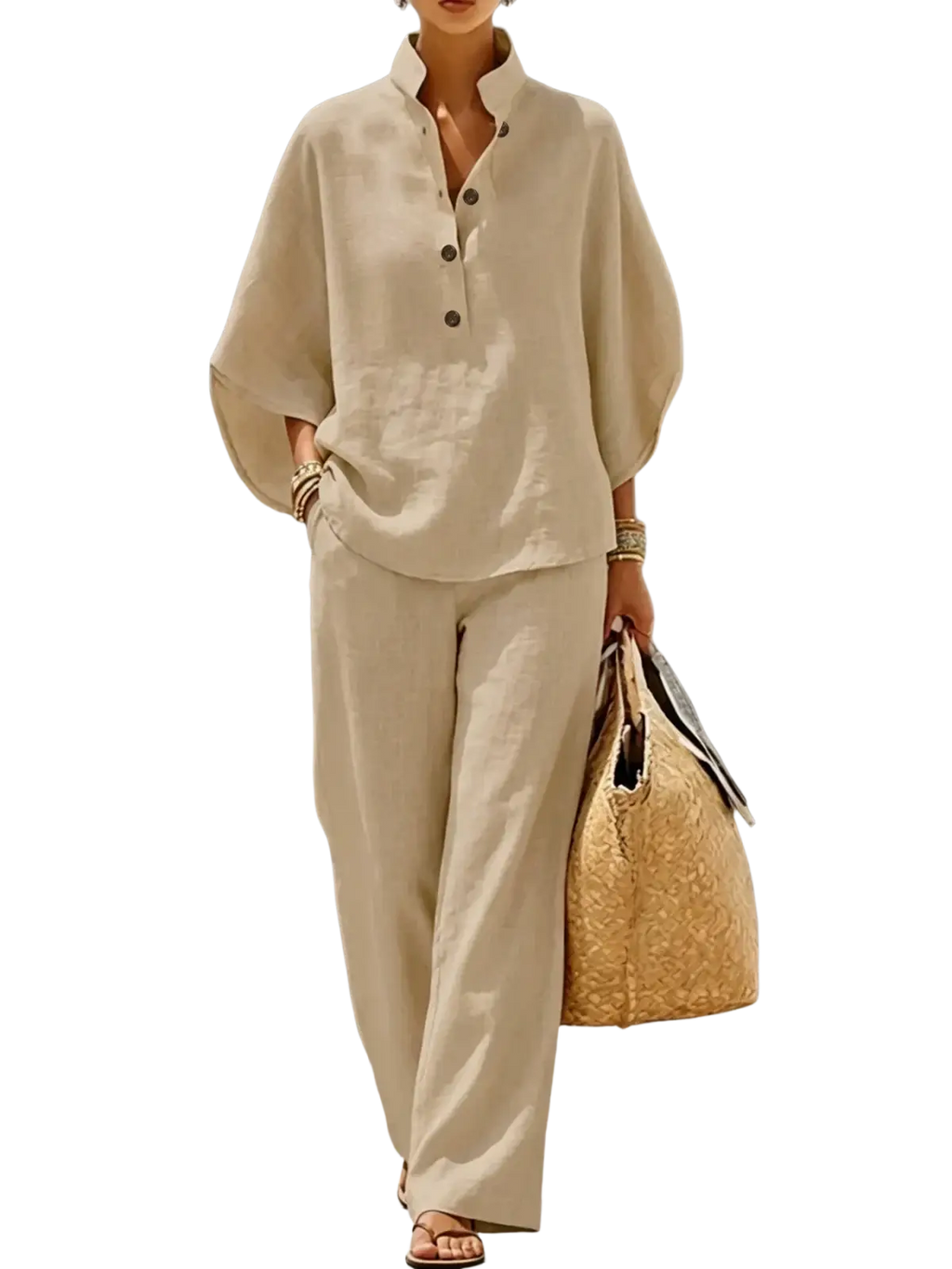 Beige linen two-piece set featuring a button-front top and wide leg pants for a versatile outfit