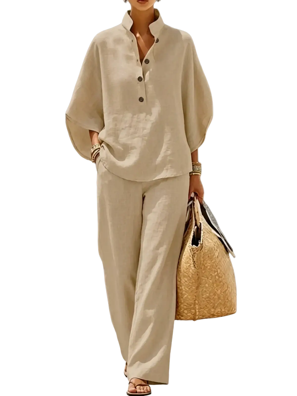 Beige linen two-piece set featuring a button-front top and wide leg pants for a versatile outfit