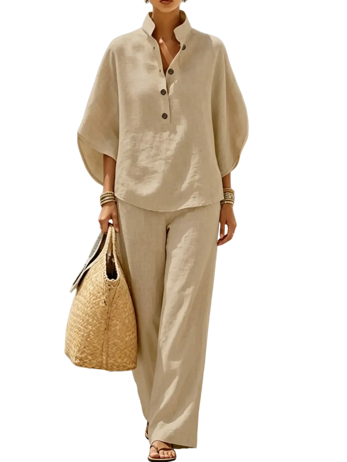 Beige linen wide leg pants with relaxed fit and subtle pleats at waistband for versatile outfit options