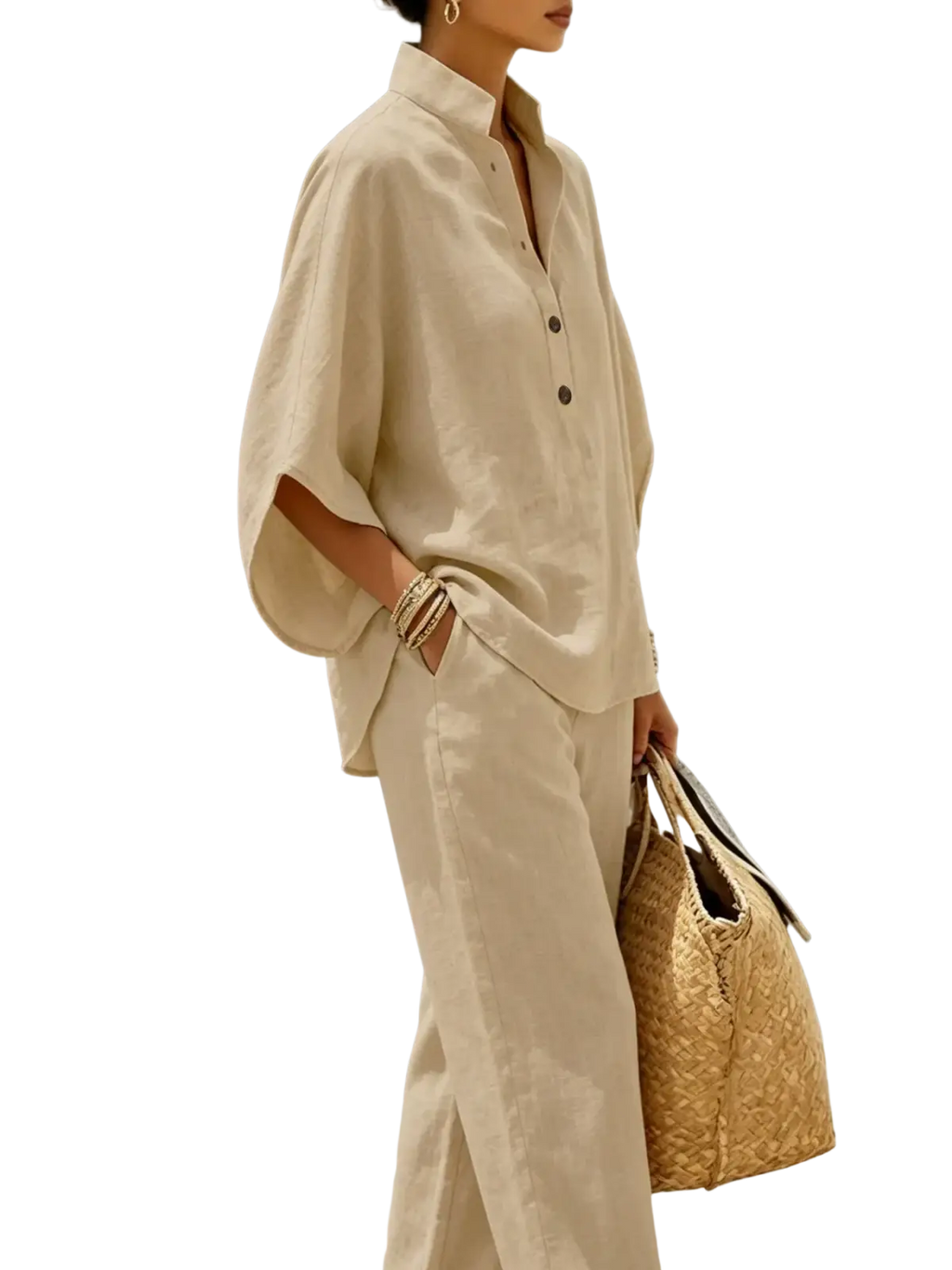 Beige linen button-up shirt with relaxed fit and wide sleeves from versatile wide leg pants two piece linen set for women