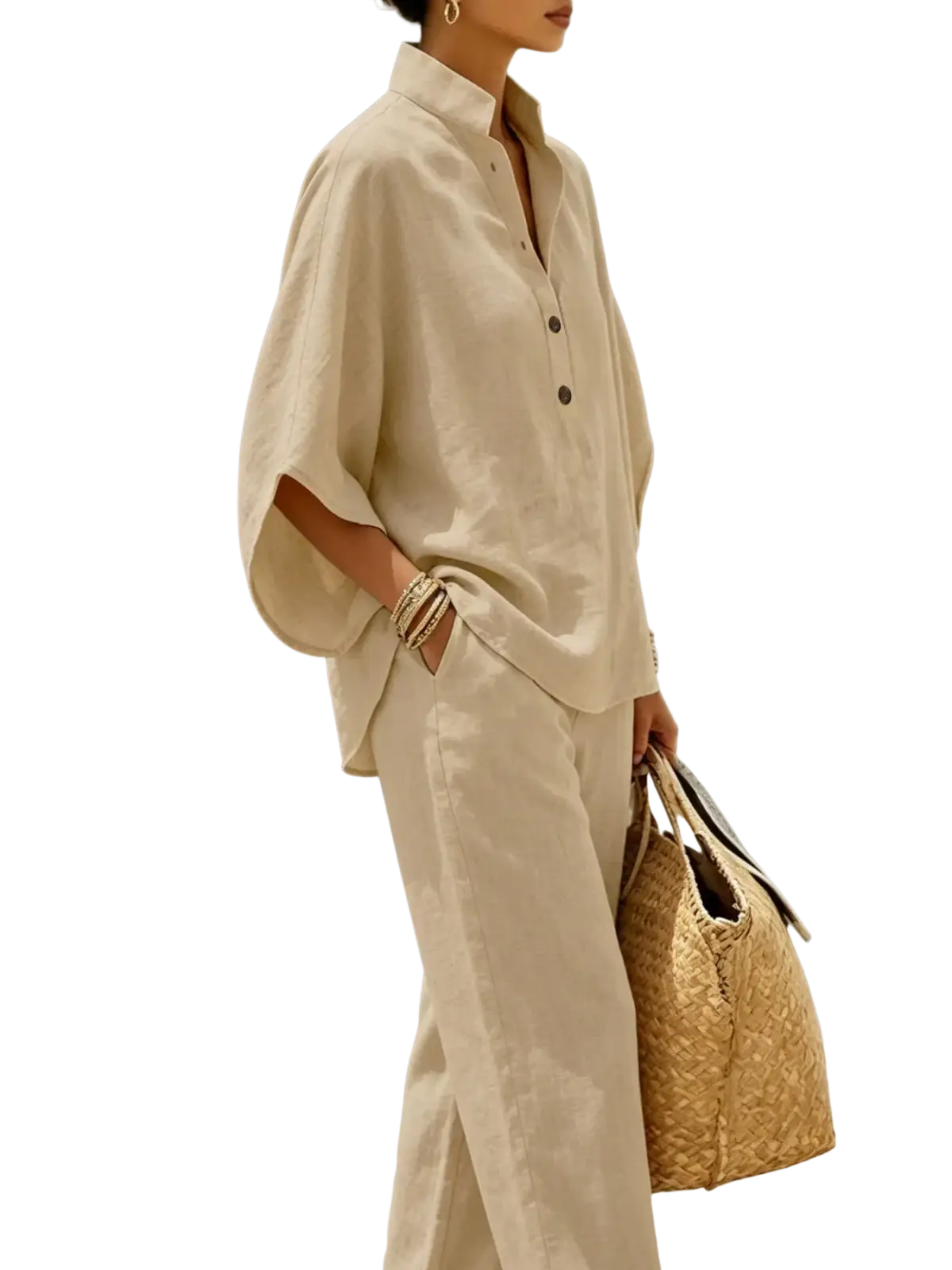 Beige linen button-up shirt with relaxed fit and wide sleeves from versatile wide leg pants two piece linen set for women