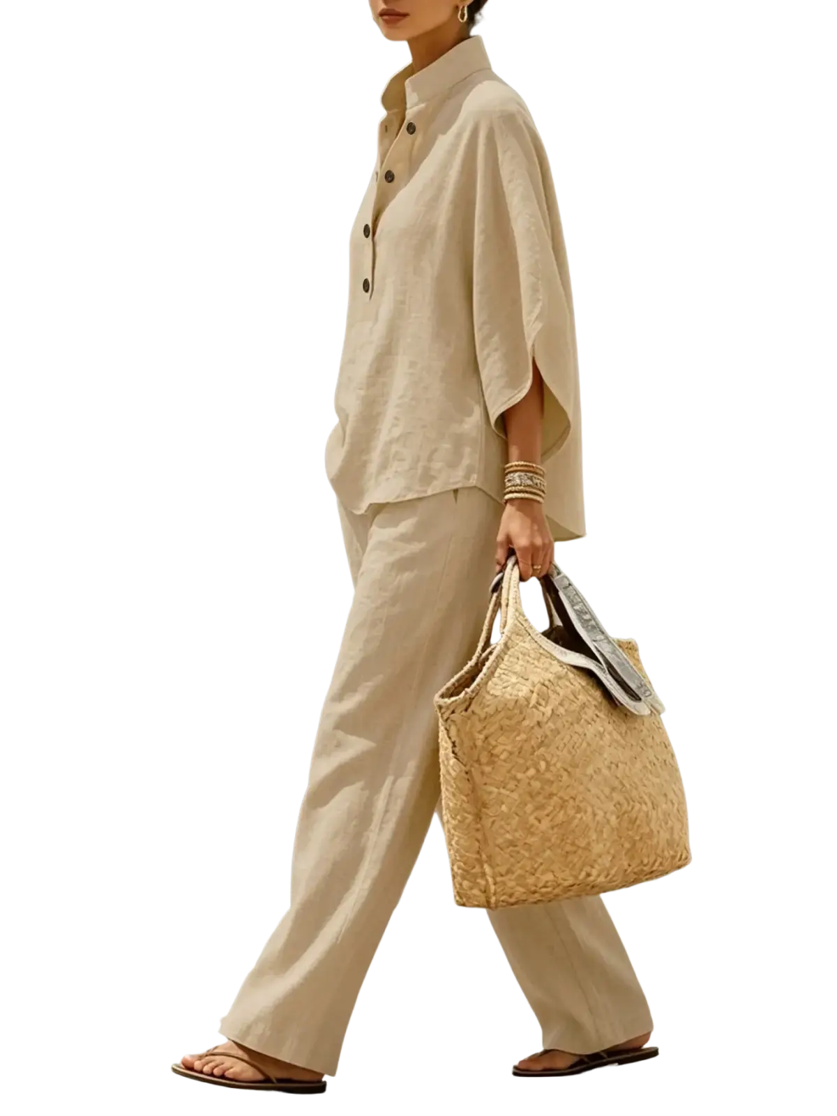 Beige woven straw tote bag with silver-toned fabric strap complementing wide leg pants versatile outfit