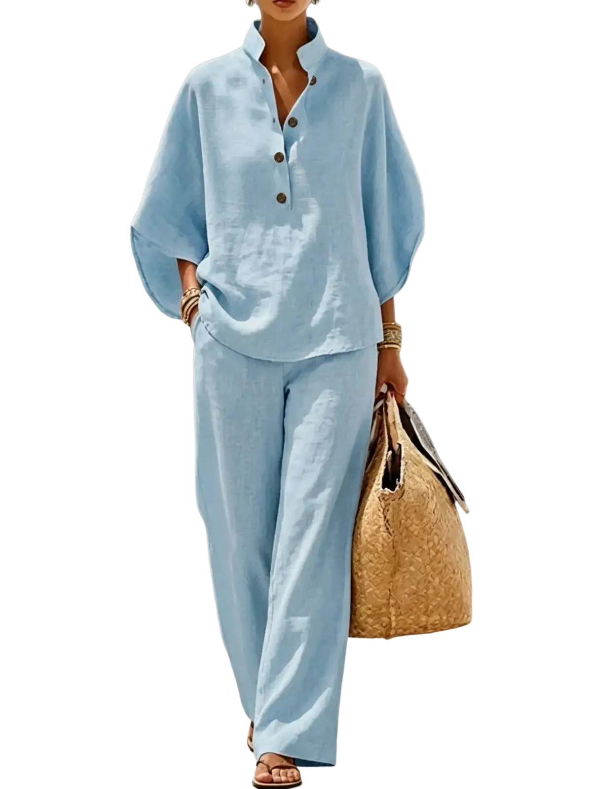 Light blue linen two-piece set for women featuring a button-front top and wide leg pants versatile outfit