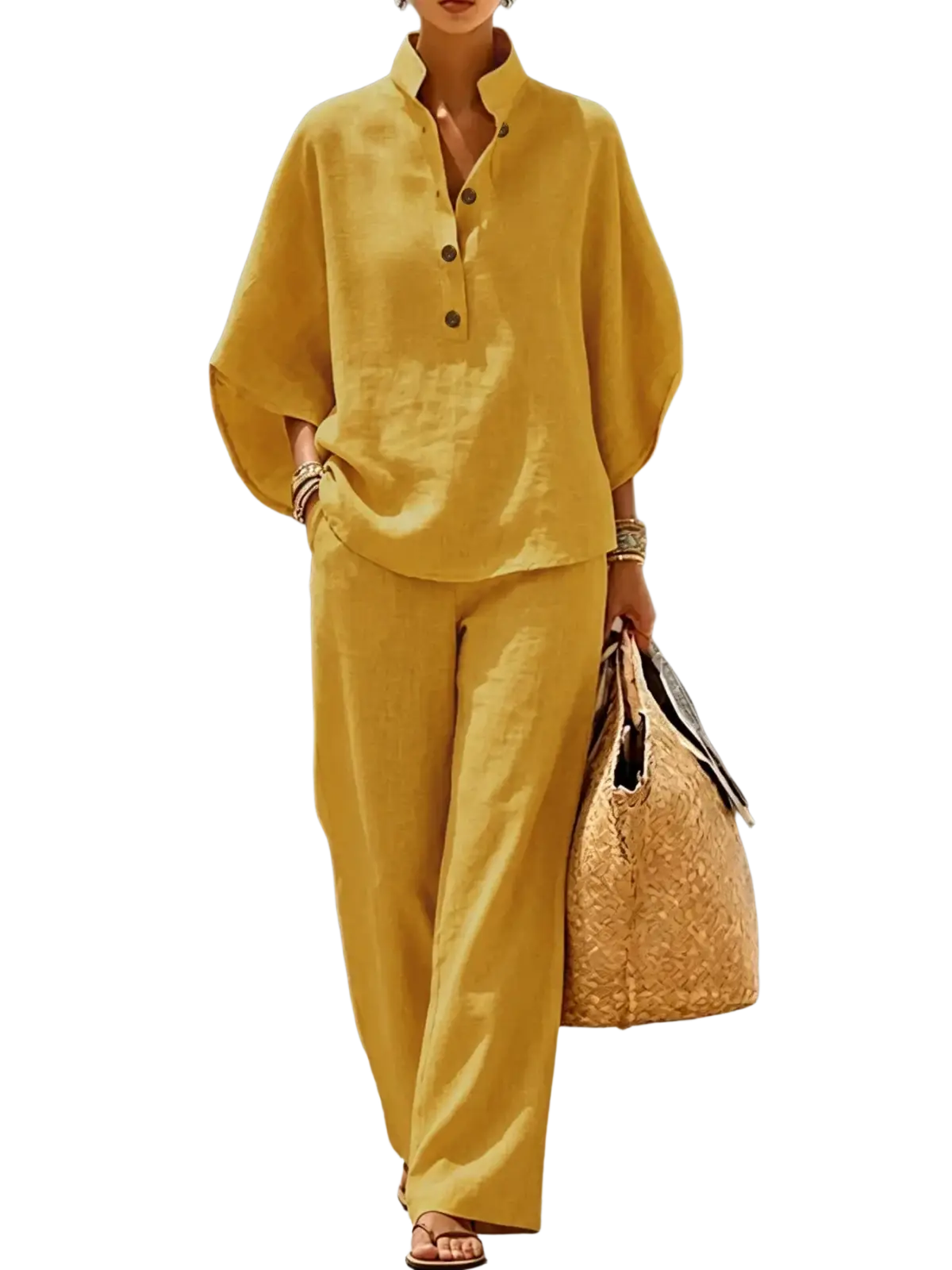 Yellow linen two-piece set featuring button-front top and wide leg pants as a versatile outfit for women