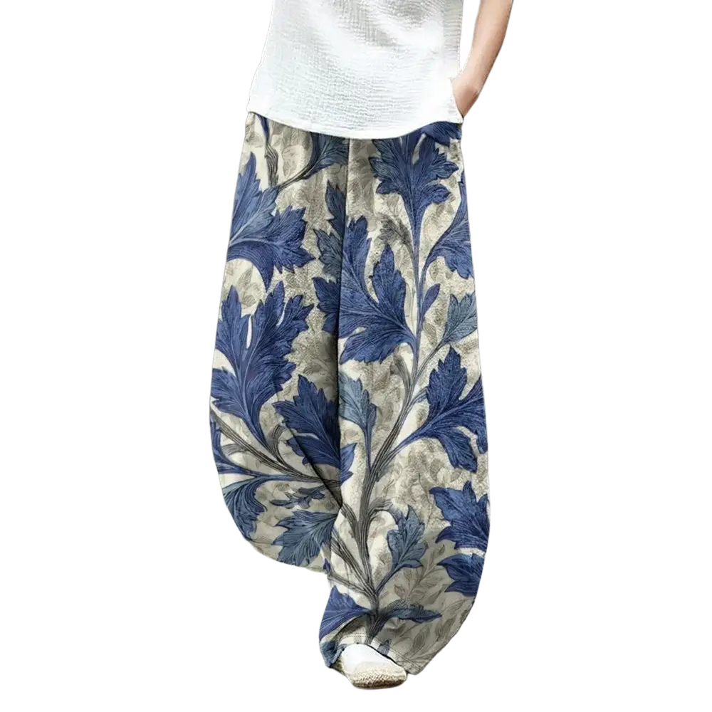 Wide leg pants with vintage blue and beige leaf print designed for casual boho style and comfortable wear