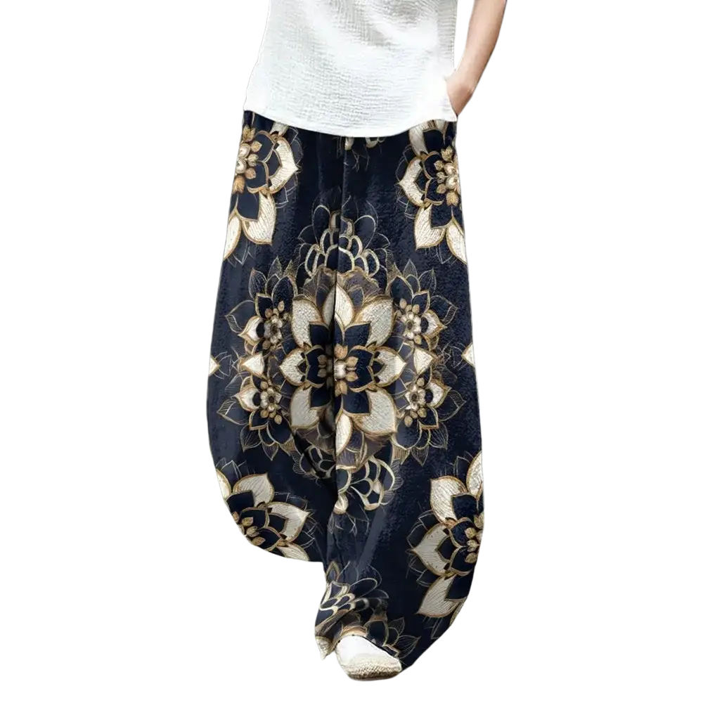 Dark blue wide leg pants with intricate cream and gold floral pattern perfect for casual boho style and customer satisfaction