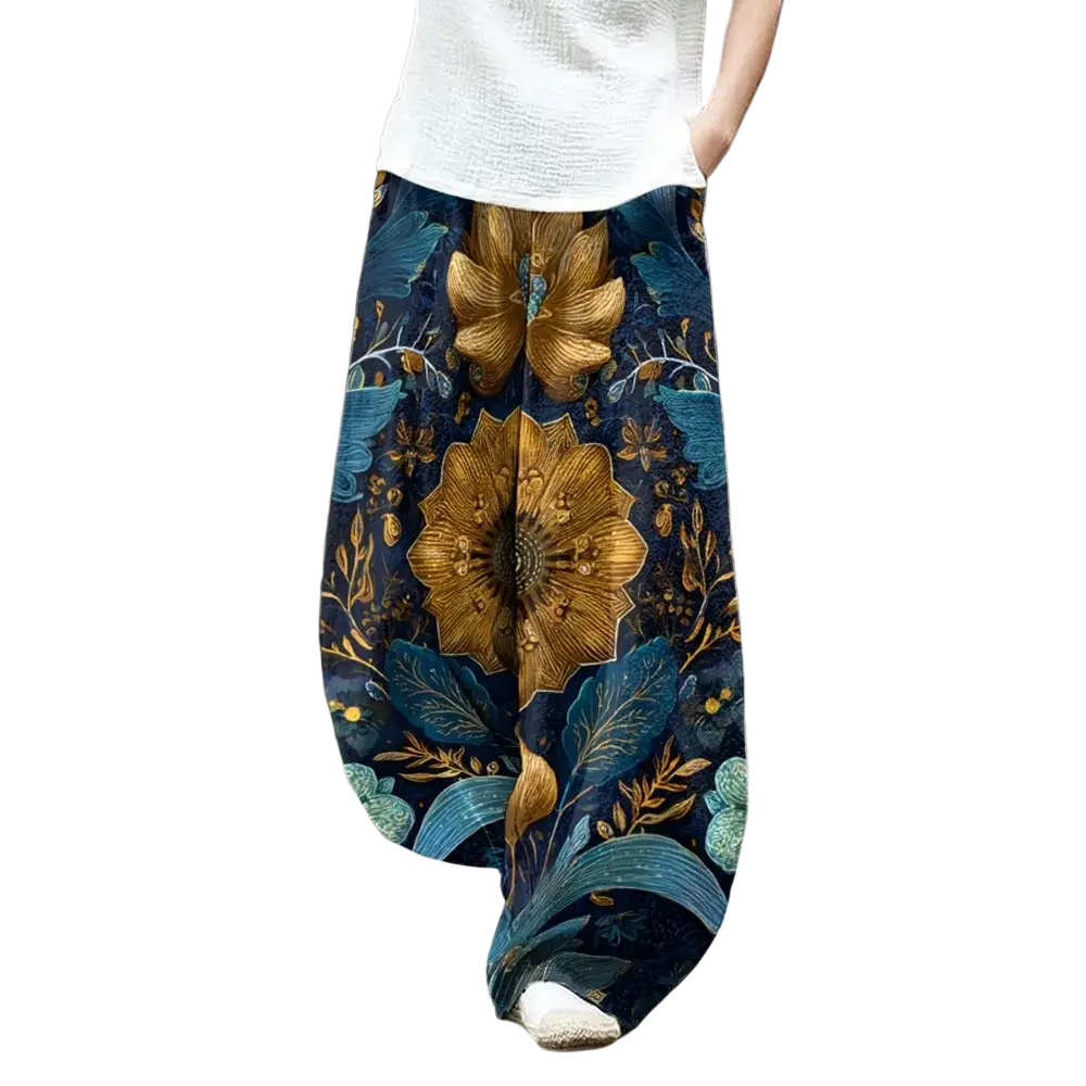Dark blue wide leg pants with vibrant golden and teal floral print vintage boho casual trousers