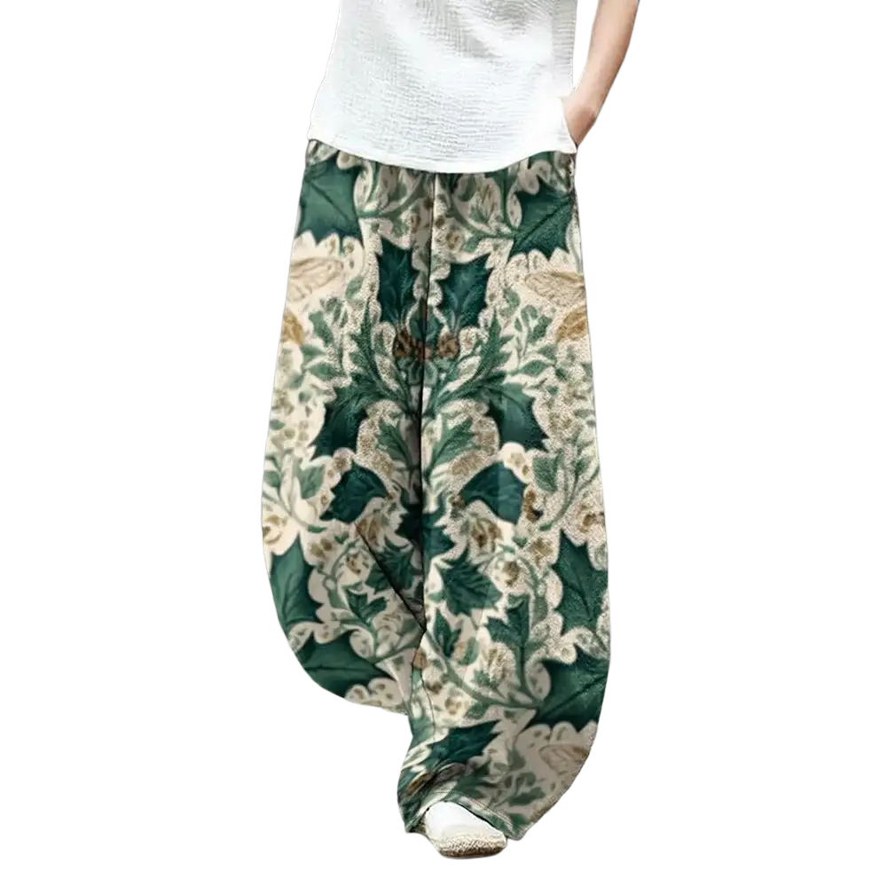 Wide leg pants with green and cream floral vintage blue leaf print boho casual trousers for comfortable wear