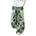 Wide leg pants with green and cream floral vintage blue leaf print boho casual trousers for comfortable wear