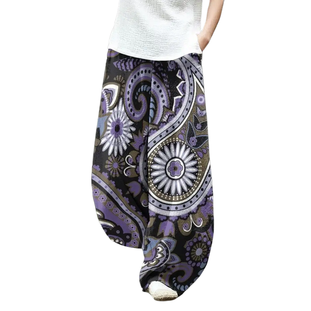 Purple and white paisley patterned wide leg pants with dark base fabric vintage blue leaf print boho casual trousers