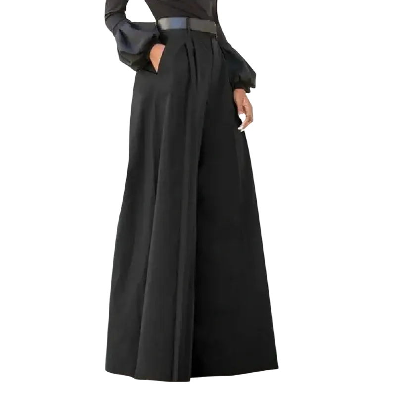 Black high-waisted wide leg trousers with pleated design and matching belt for casual women’s wear