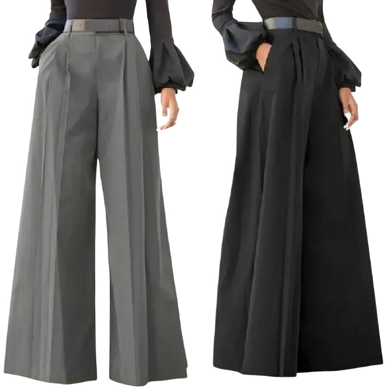 Wide leg trousers for women in charcoal gray and black with high waist pleats and matching belt for casual wear