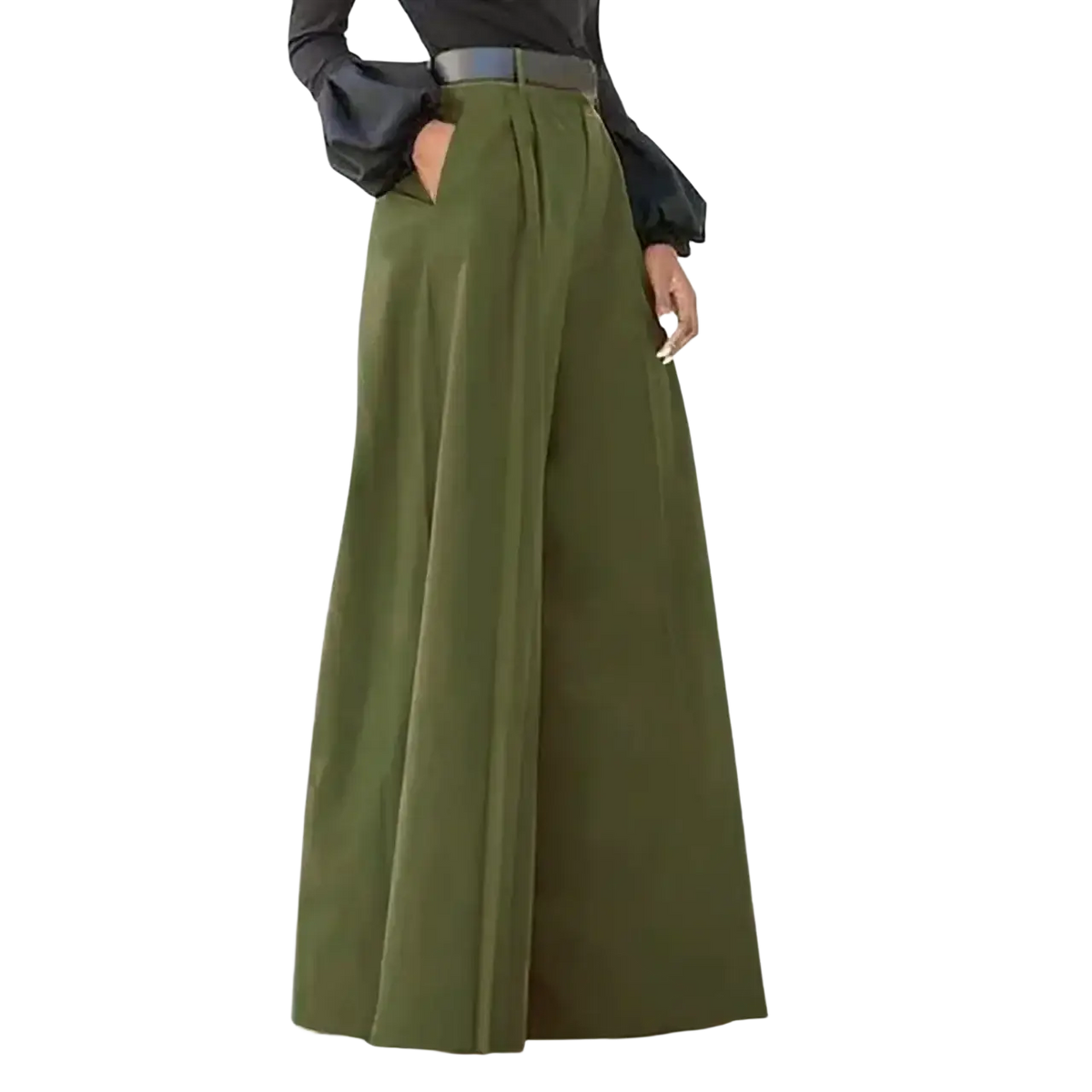 Olive green wide leg trousers for women with high waist and pleated front casual design